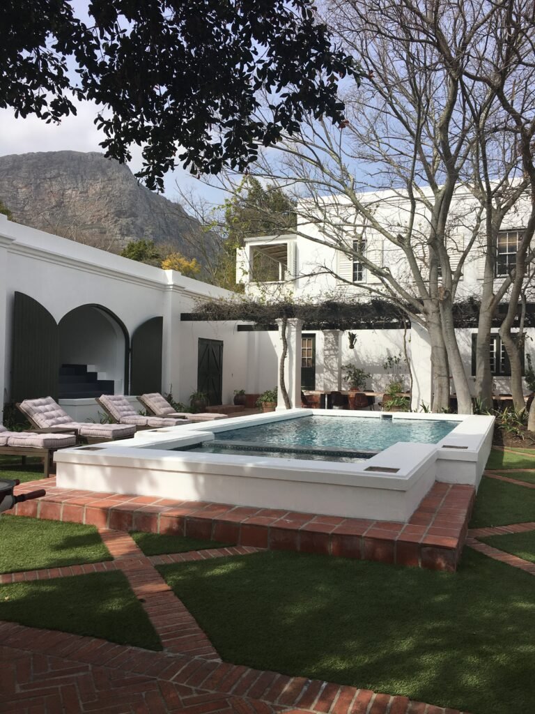 Hotel courtyard with pool.